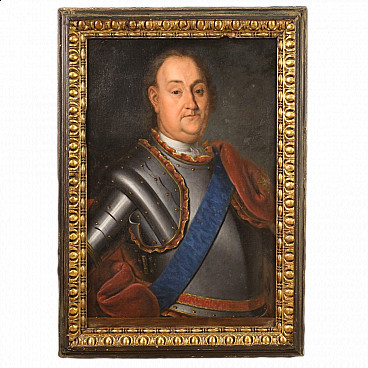 Piedmontese school, portrait of nobleman in armor, oil painting on canvas, 1700s