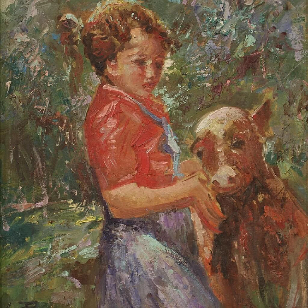 Olio su tavoletta affigurante bambina con vitello, '900 2