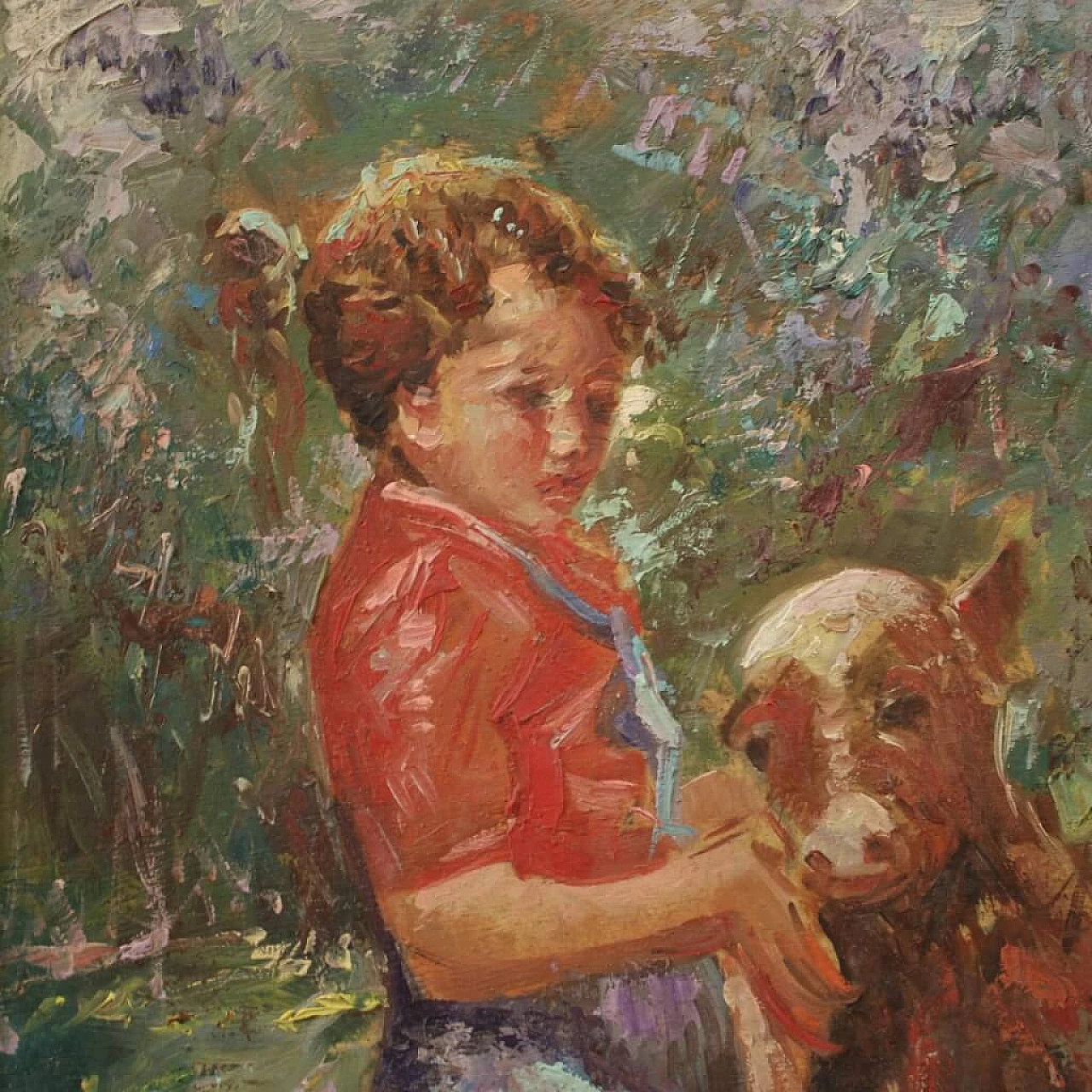 Olio su tavoletta affigurante bambina con vitello, '900 4