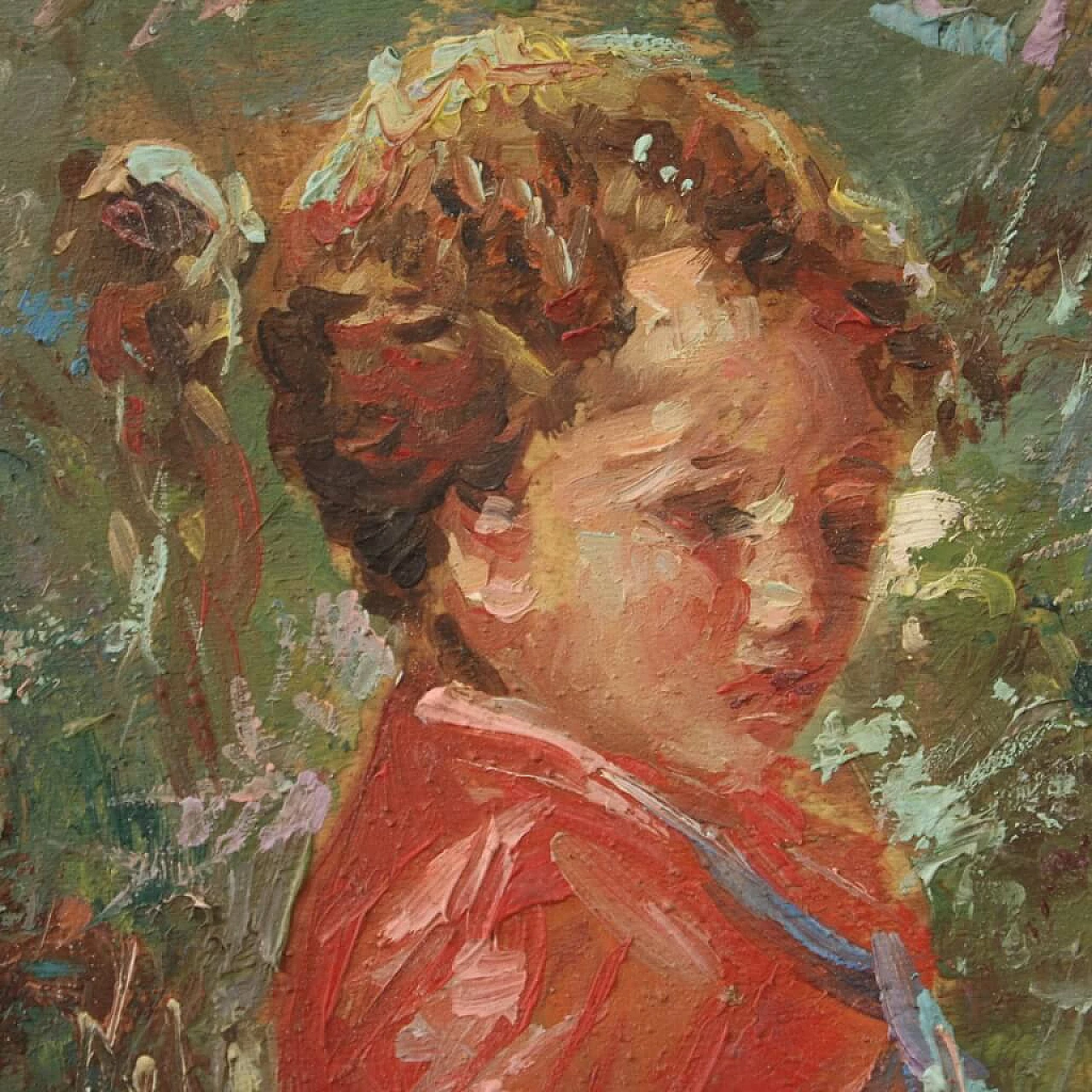Olio su tavoletta affigurante bambina con vitello, '900 8