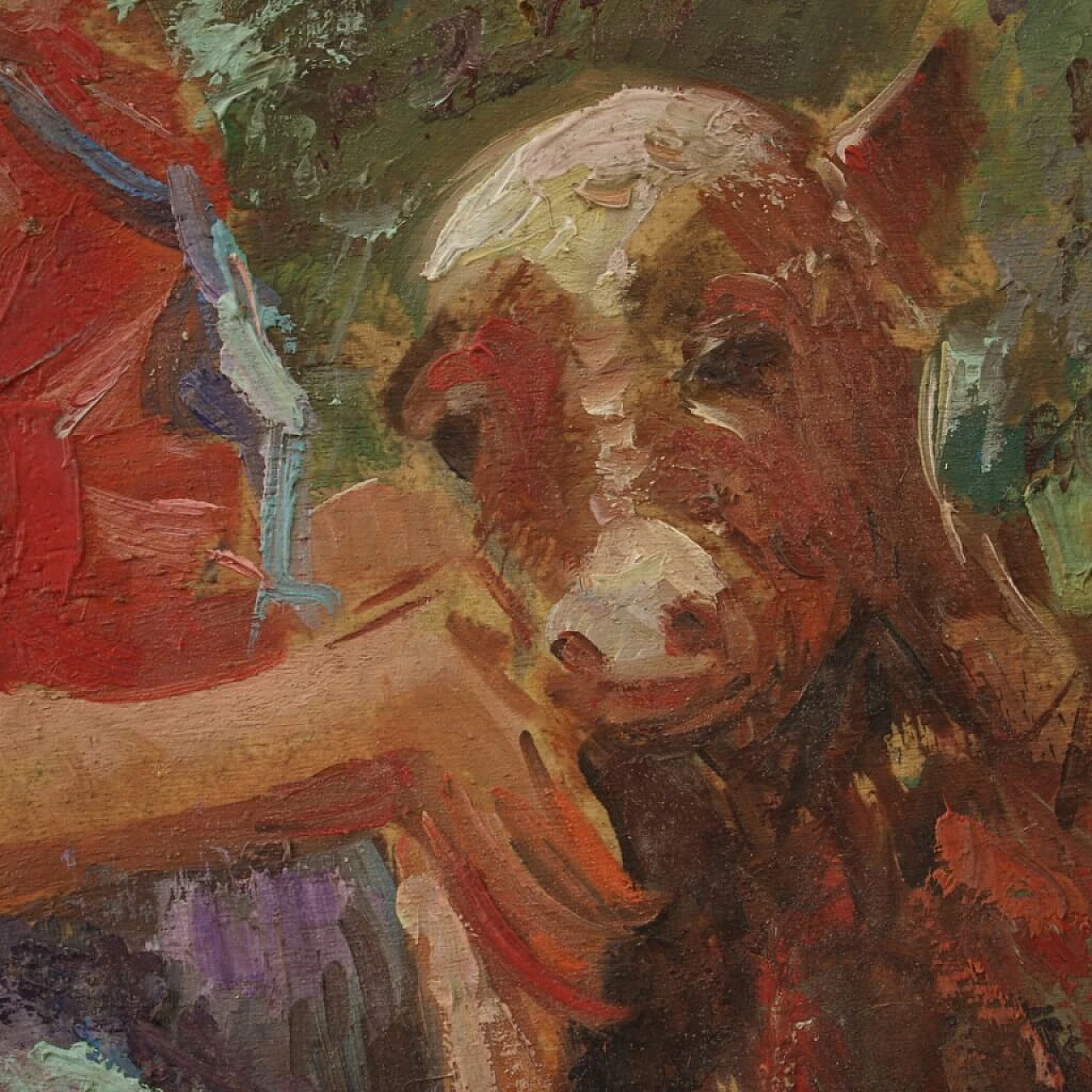 Olio su tavoletta affigurante bambina con vitello, '900 10