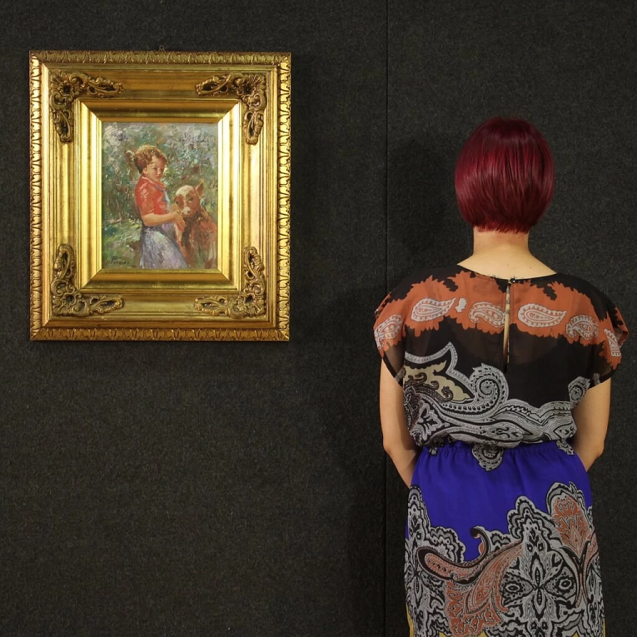 Olio su tavoletta affigurante bambina con vitello, '900 12