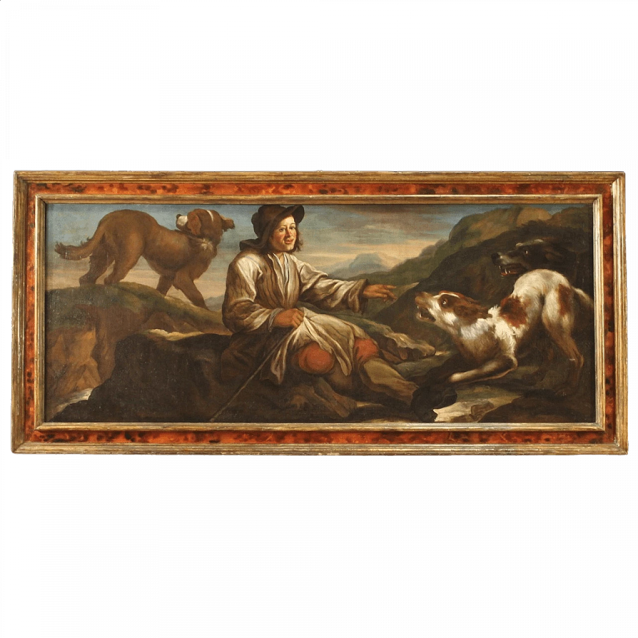 Olio su tela raffigurante un pastore con i suoi cani, '600 13