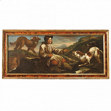 Oil on canvas depicting a shepherd with his dogs, 17th century