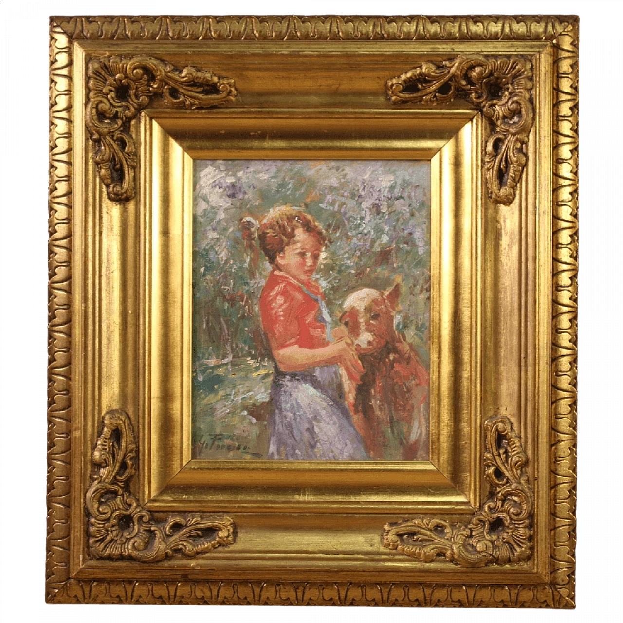 Olio su tavoletta affigurante bambina con vitello, '900 13