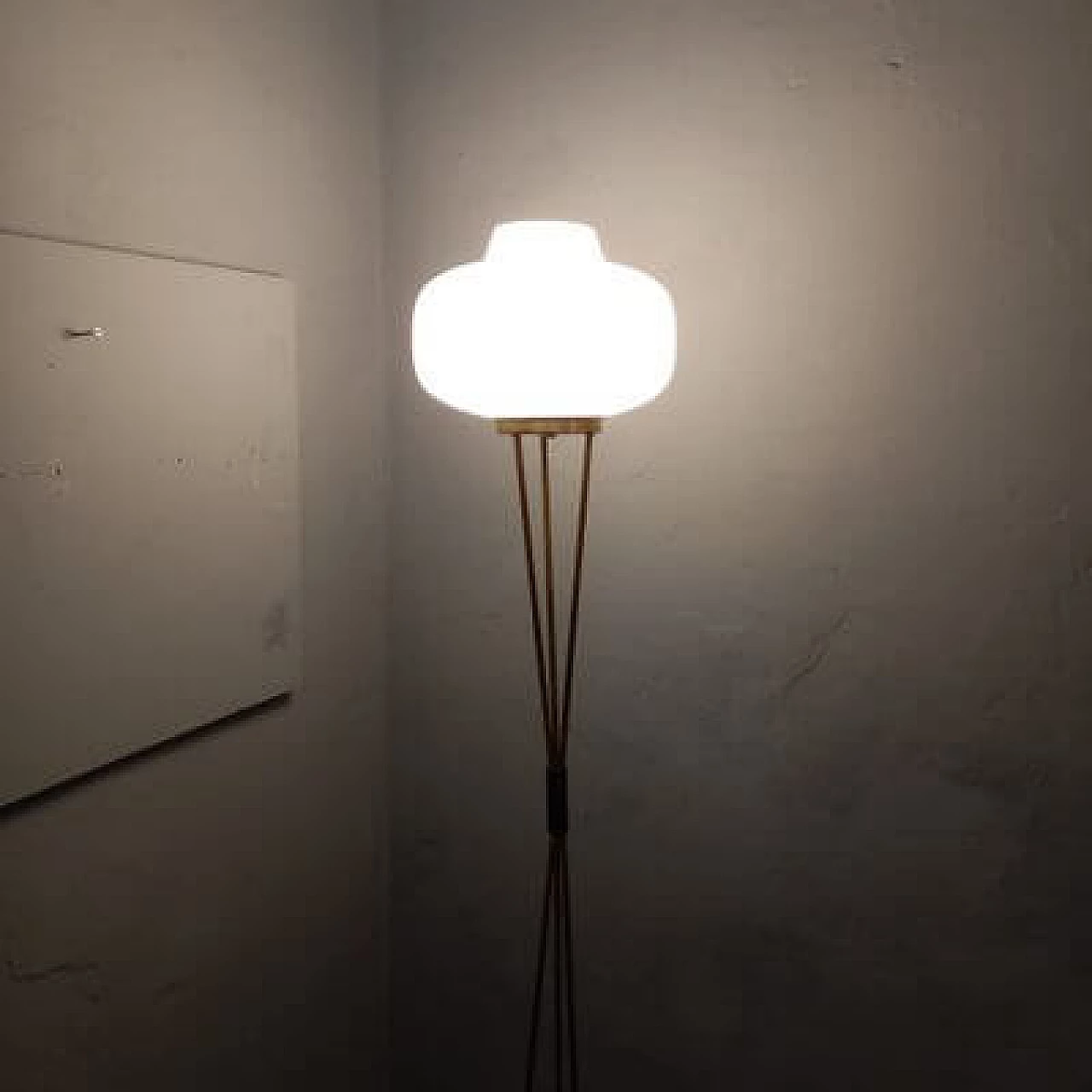 Brass and opaline glass floor lamp with white marble base by Stilnovo, 1950s 3