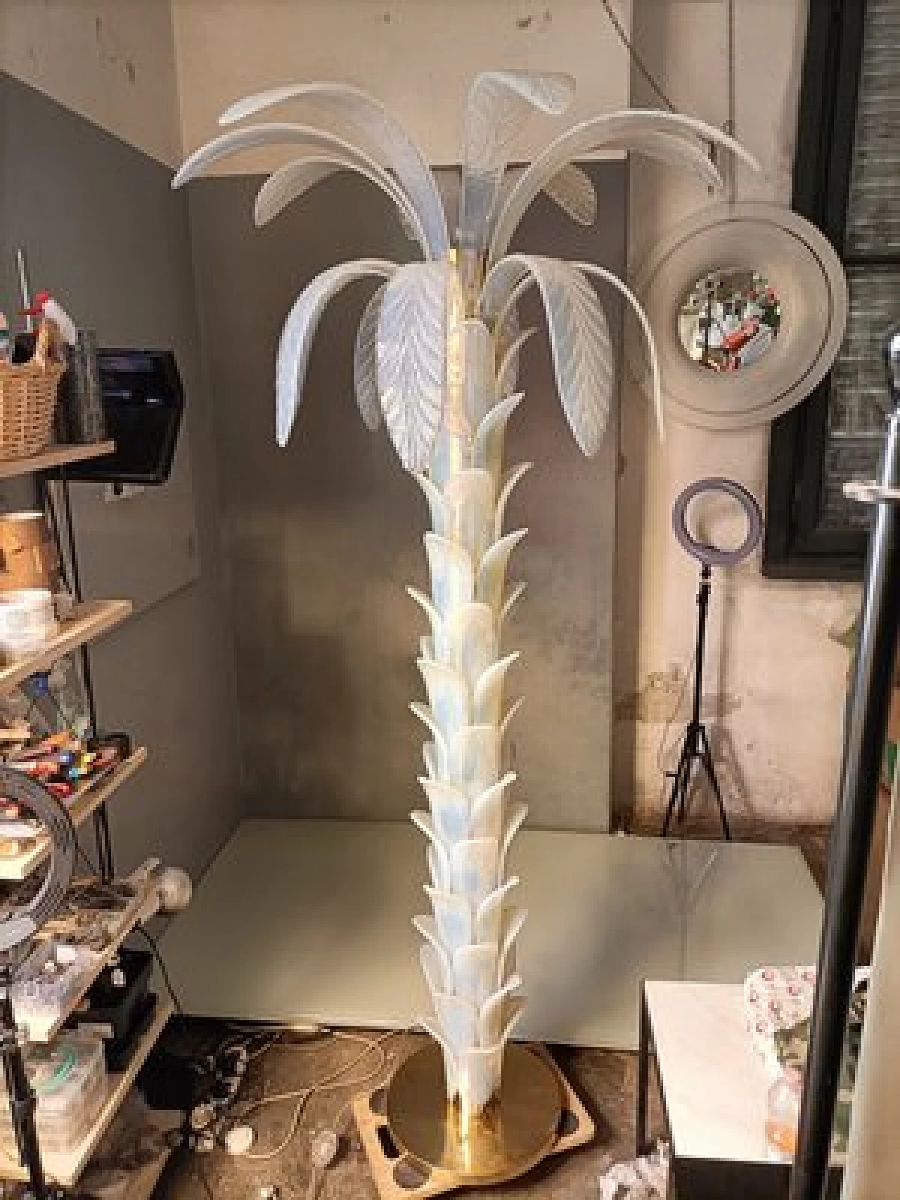 Lampada a forma di palma in ottone e vetro di Murano 3