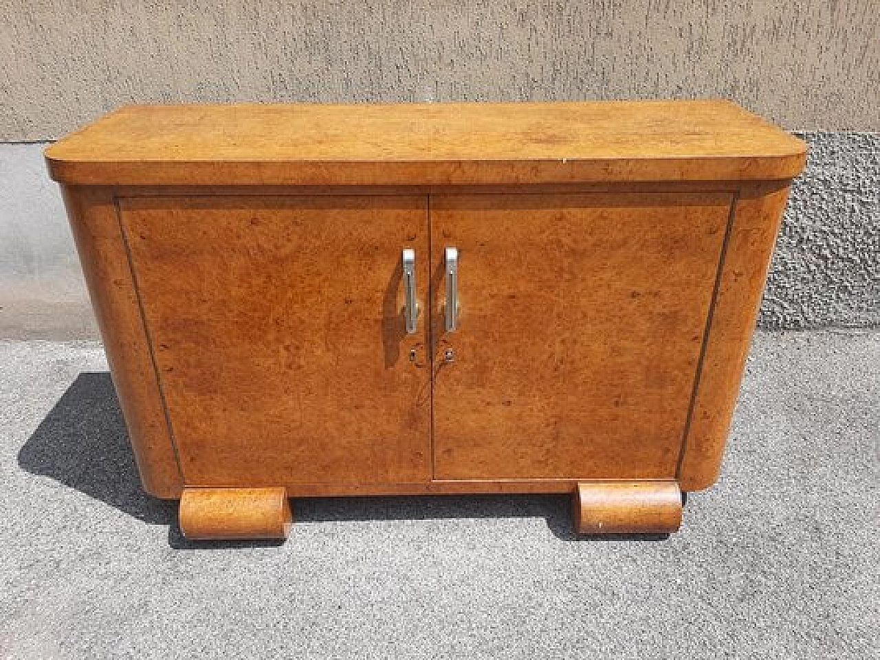 Tuia root with chrome and brass handles chest of drawers, 1930s 1