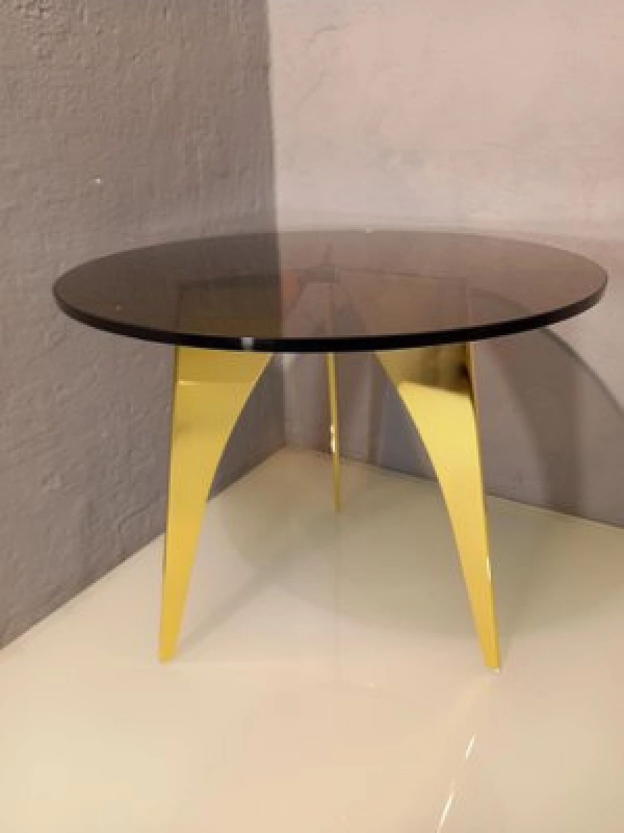 Round brass table with bronzed glass top 2