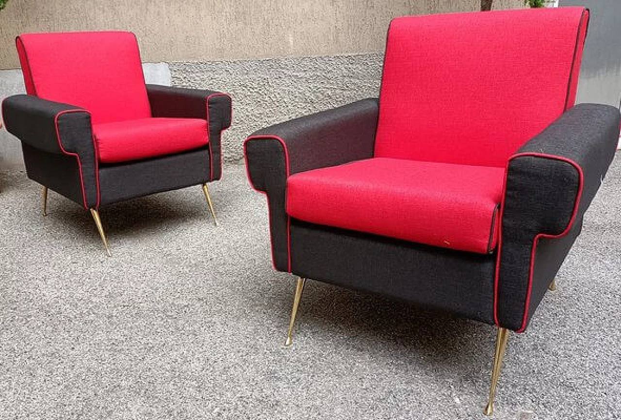 Pair of red and black armchairs with brass legs, 1950s 1