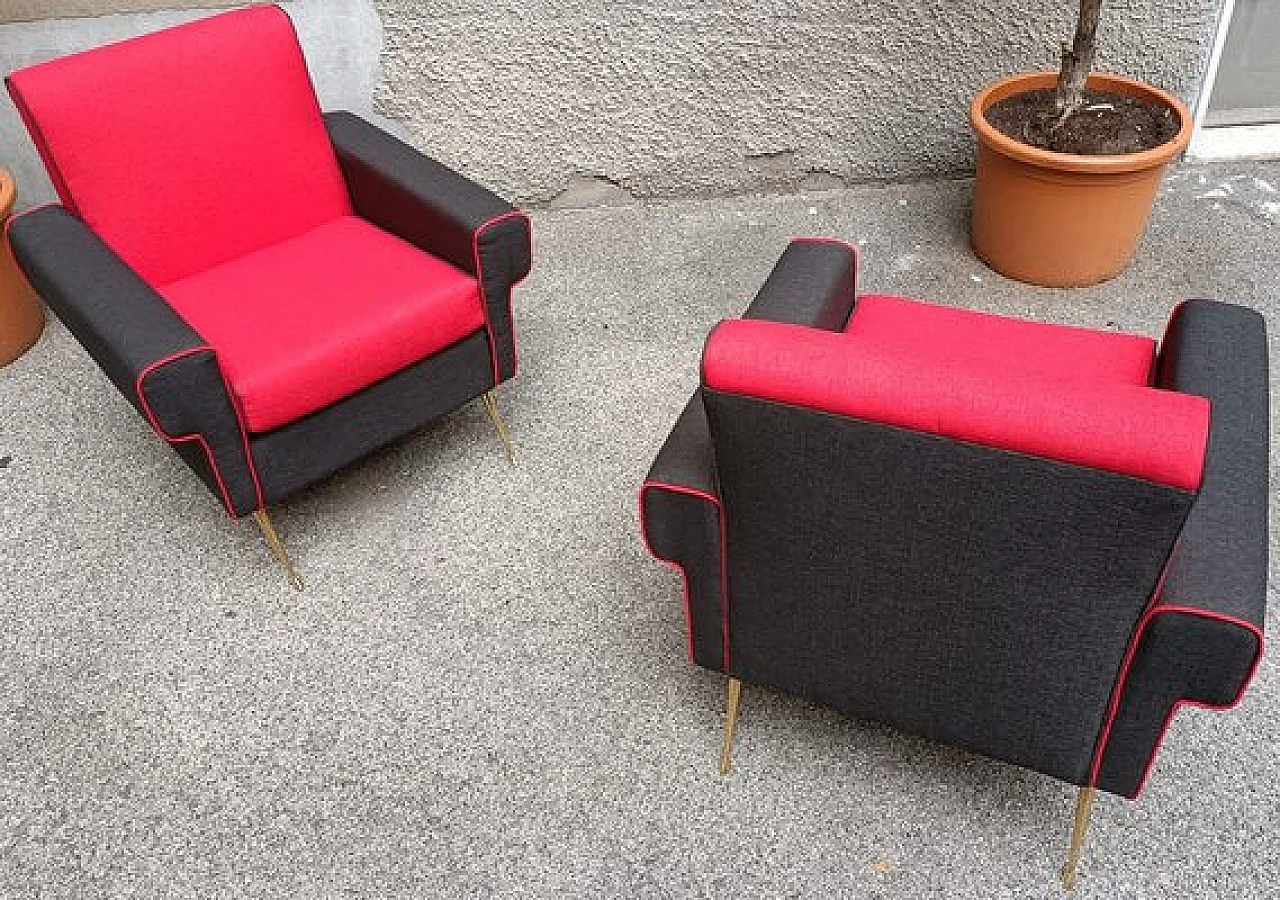 Pair of red and black armchairs with brass legs, 1950s 2