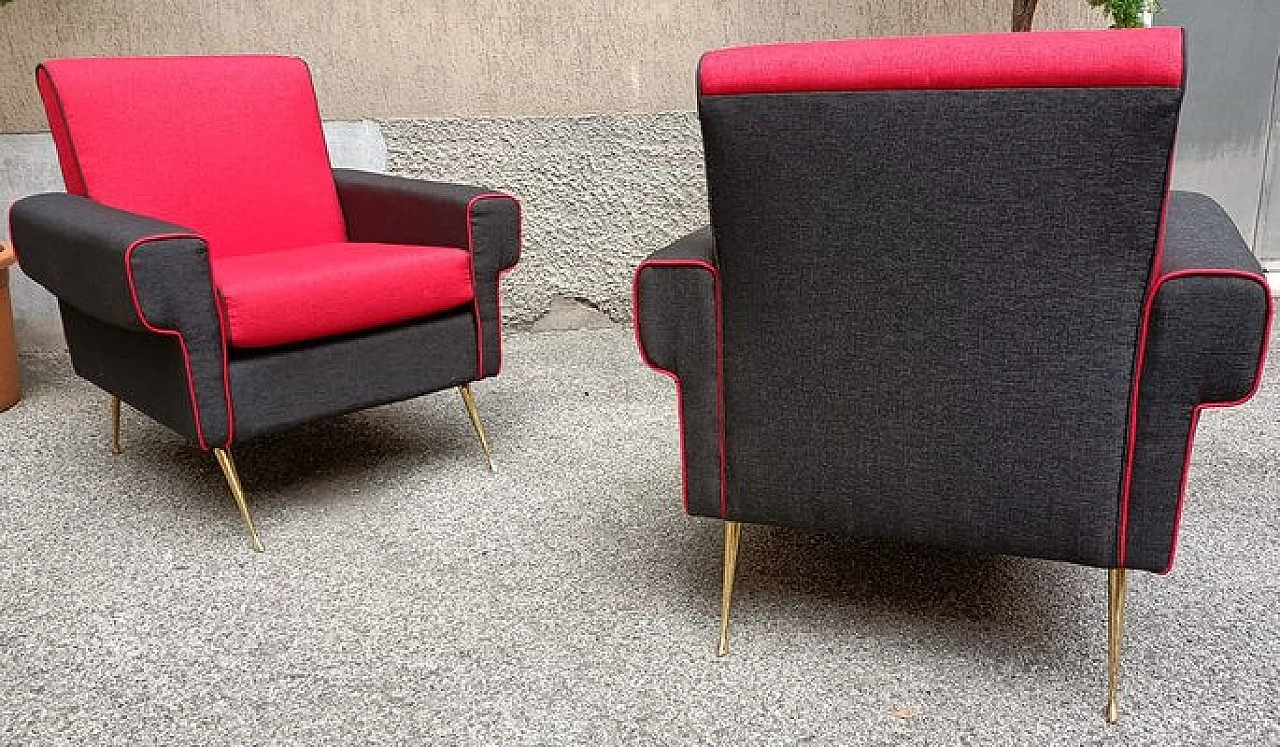 Pair of red and black armchairs with brass legs, 1950s 4