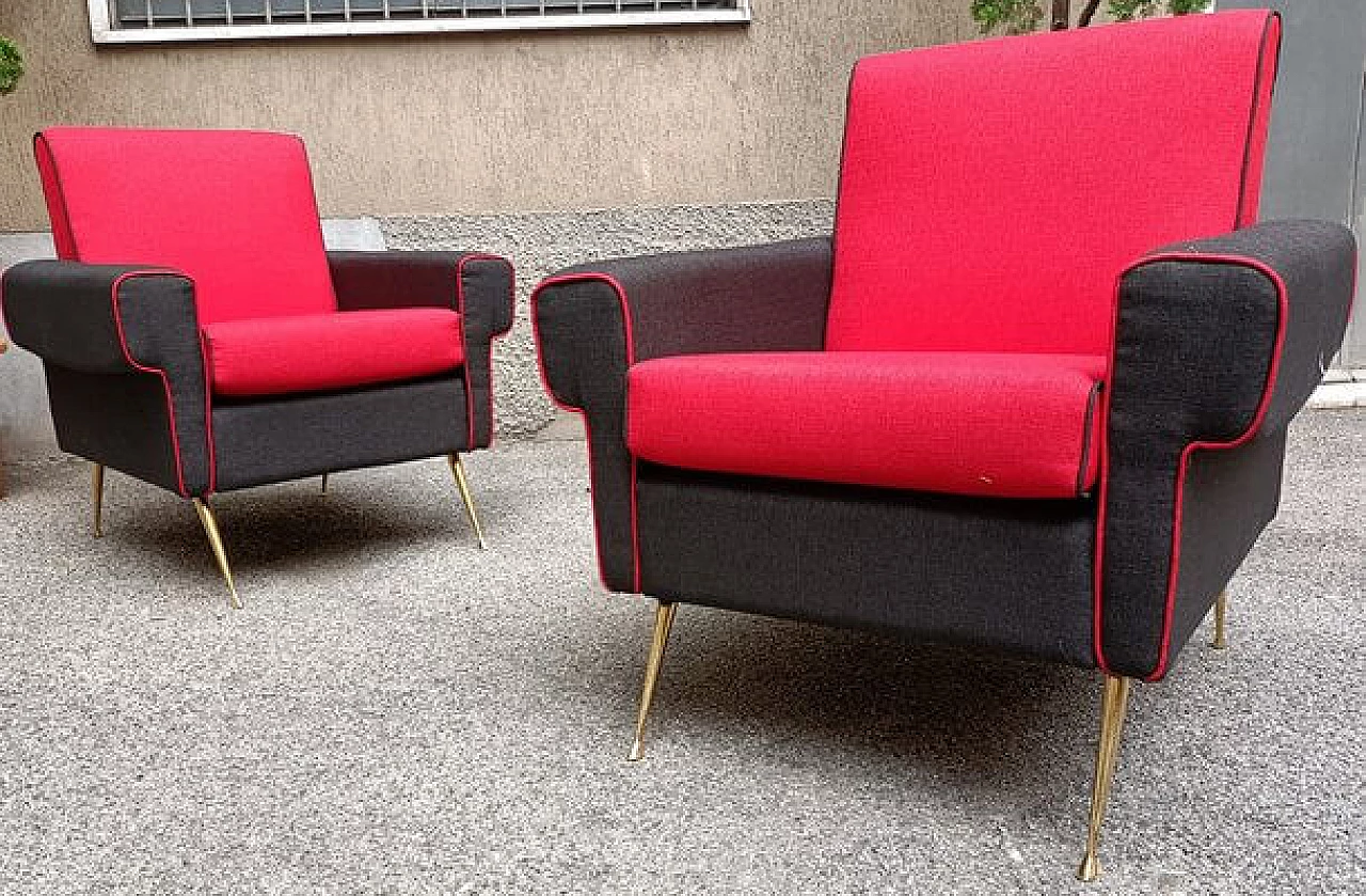 Pair of red and black armchairs with brass legs, 1950s 5