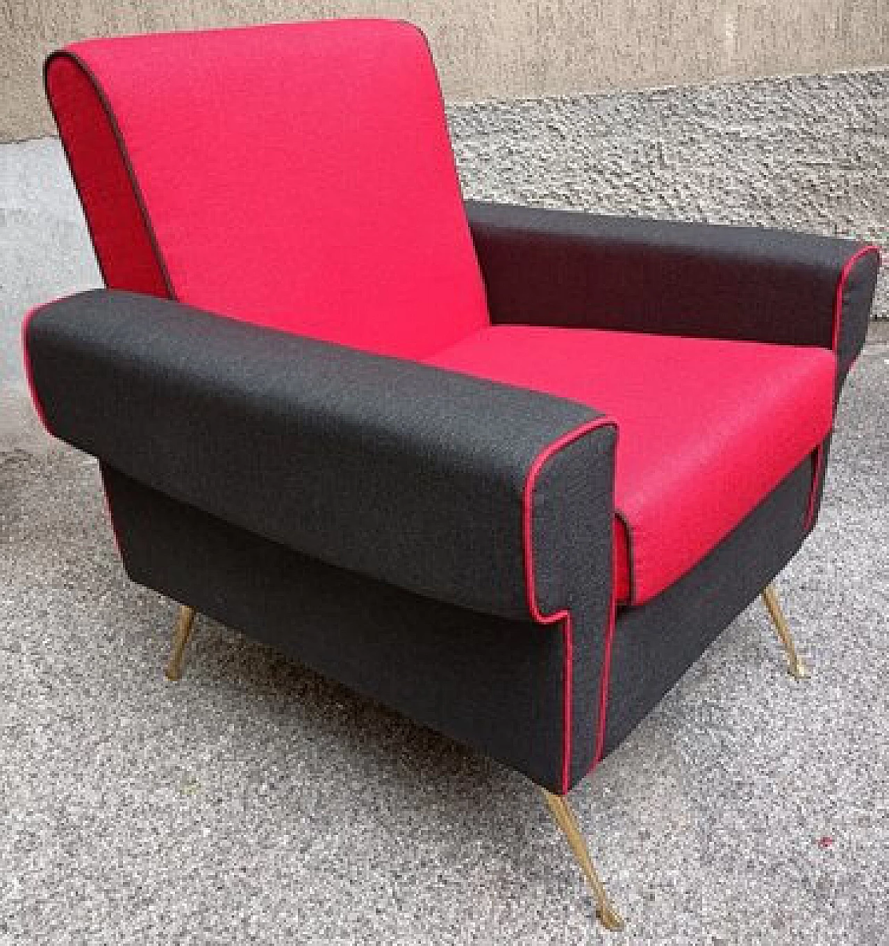 Pair of red and black armchairs with brass legs, 1950s 6