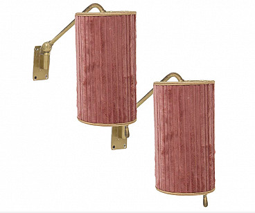 Pair of wall sconces in brass and pink velvet, 1950s