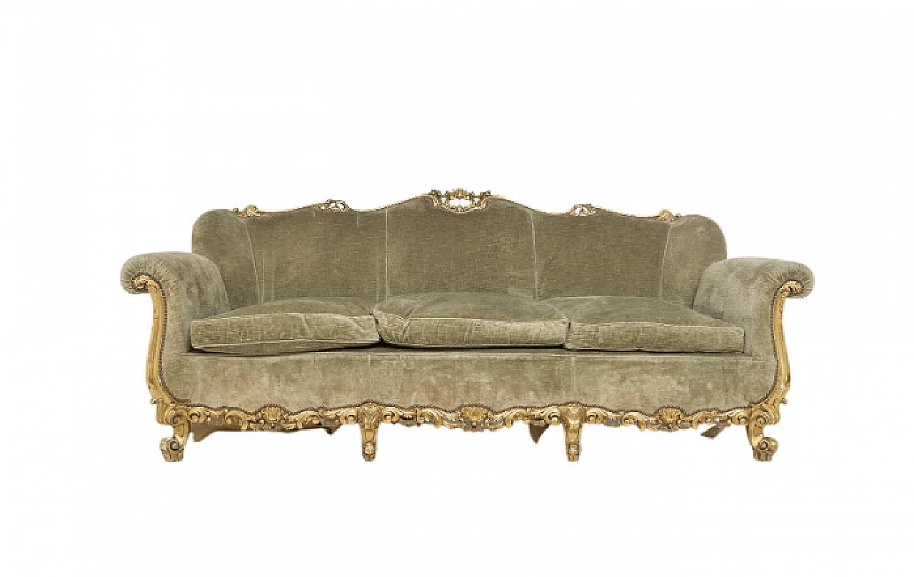 Louis XVI style sofa in gilt wood and green velvet, early 1900s 1