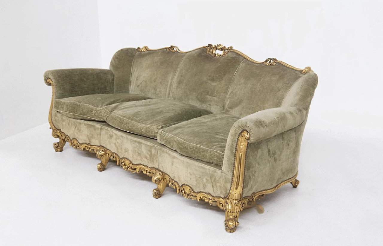Louis XVI style sofa in gilt wood and green velvet, early 1900s 11