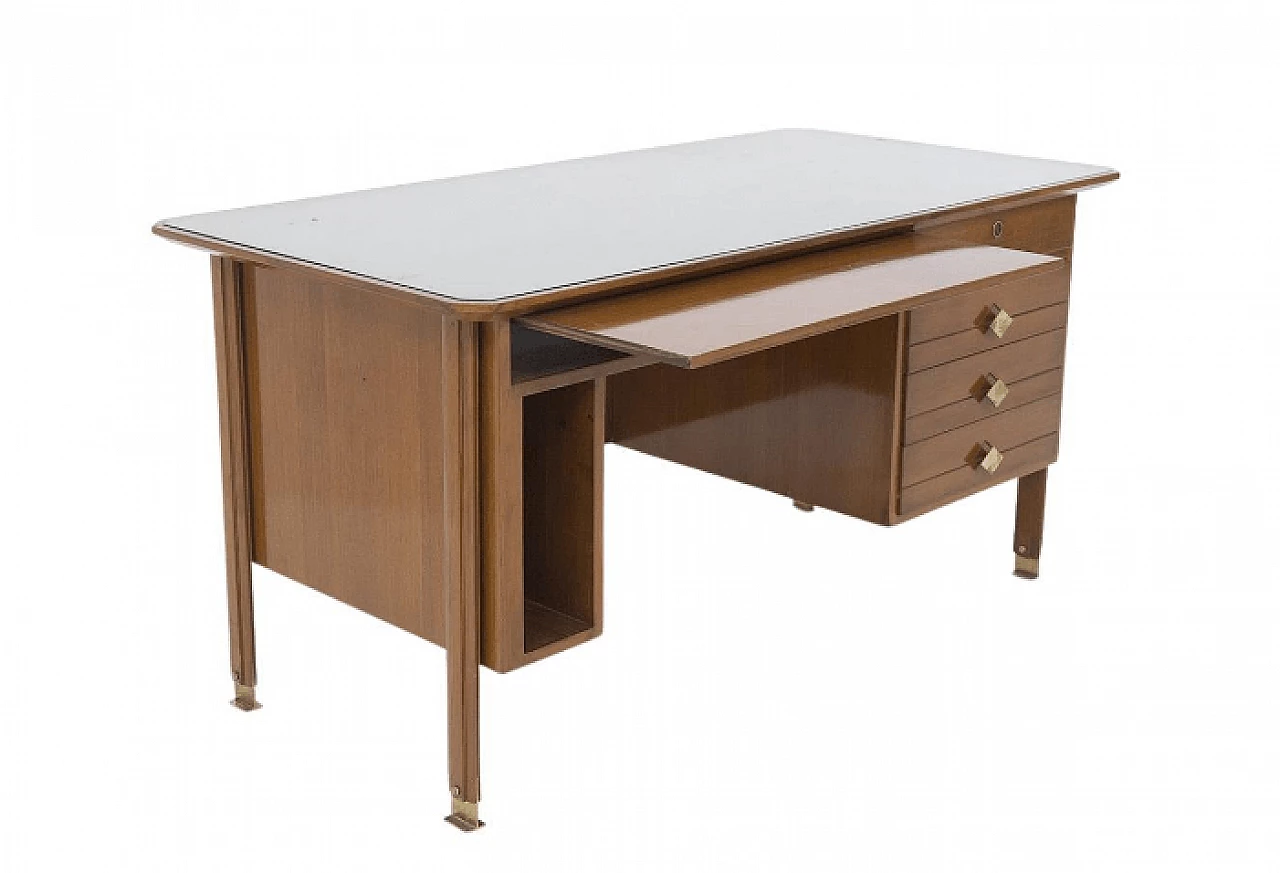 Scrivania italiana in noce, ottone e vetro, anni '50 1