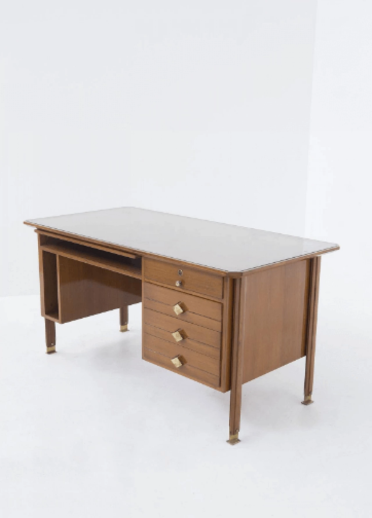 Scrivania italiana in noce, ottone e vetro, anni '50 2