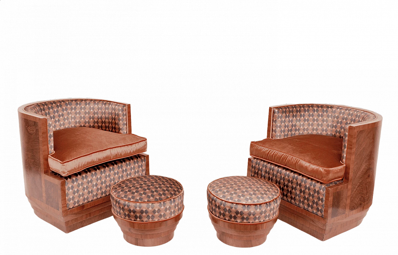 Pair of Art Deco armchairs complete with ottoman, 1940s 12