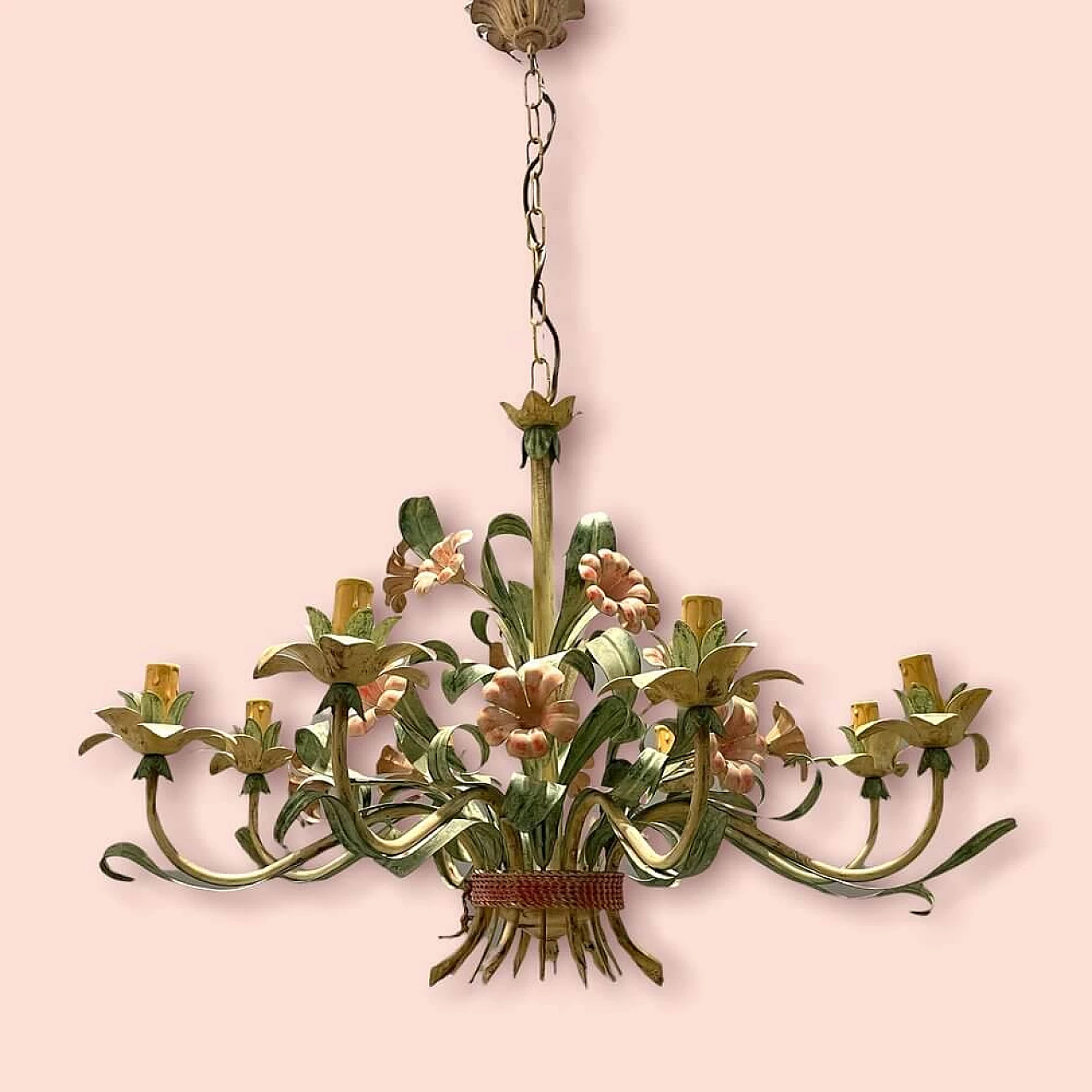 Flower chandelier  in ceramic with 8 lights, 1970s 1