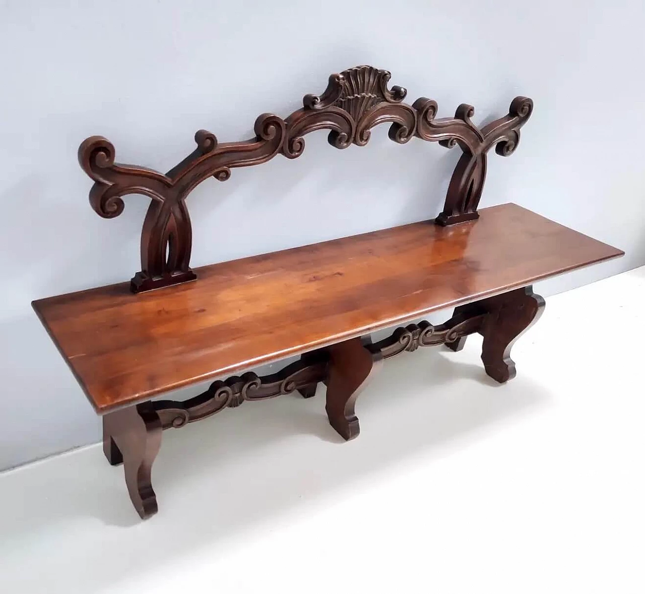 Baroque-style carved solid beech bench, 1960s 4