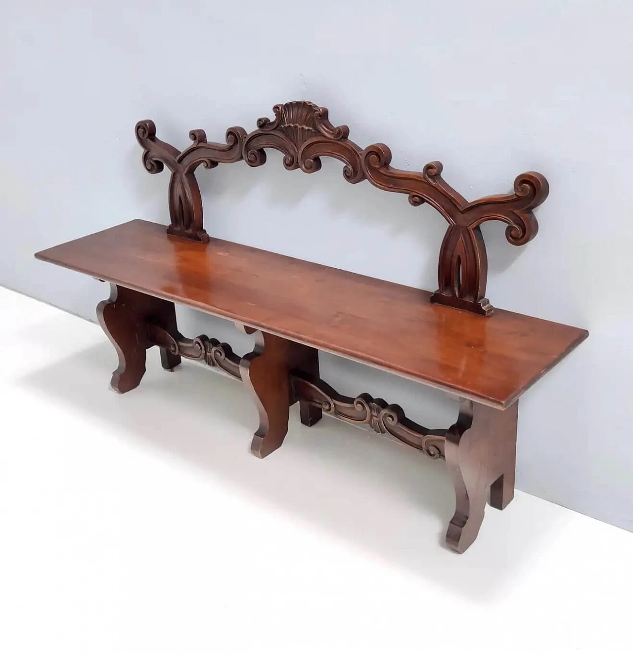 Baroque-style carved solid beech bench, 1960s 8