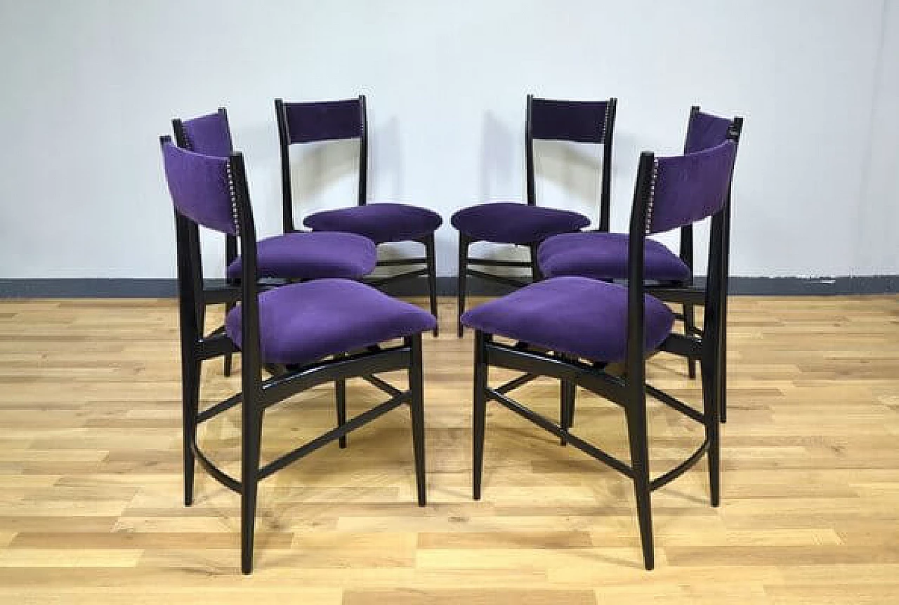 6 Dining chairs in wood and purple velvet, 1950s 3