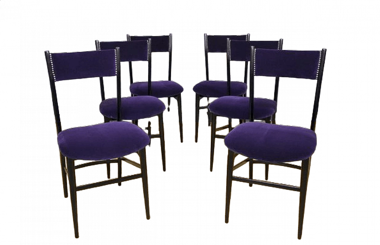6 Dining chairs in wood and purple velvet, 1950s 12