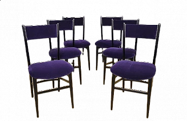 6 Dining chairs in wood and purple velvet, 1950s