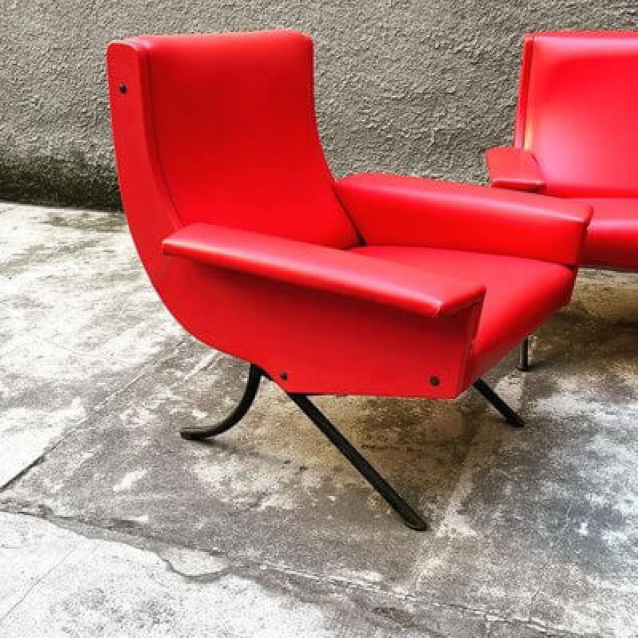 Sofa and pair of armchairs in red skai, 1960s 5