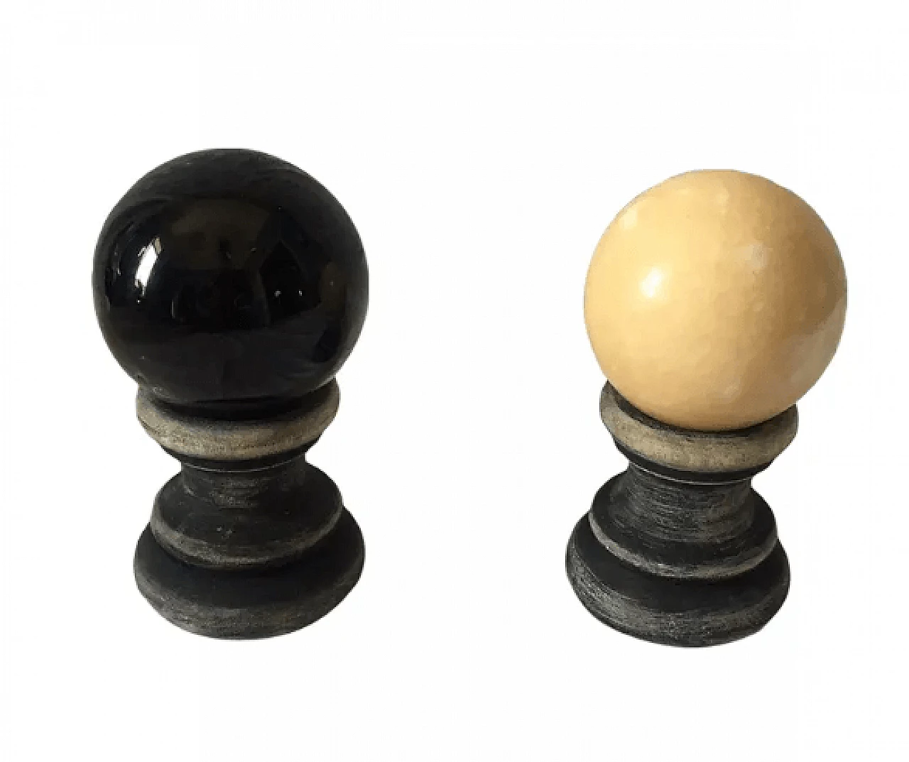 Pair of marble spheres on a black and beige wooden base, 1960s 1