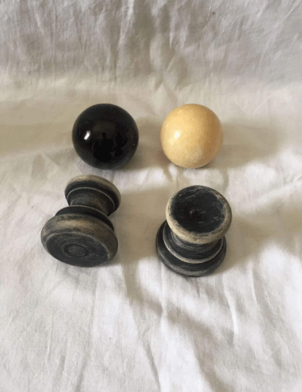 Pair of marble spheres on a black and beige wooden base, 1960s 4