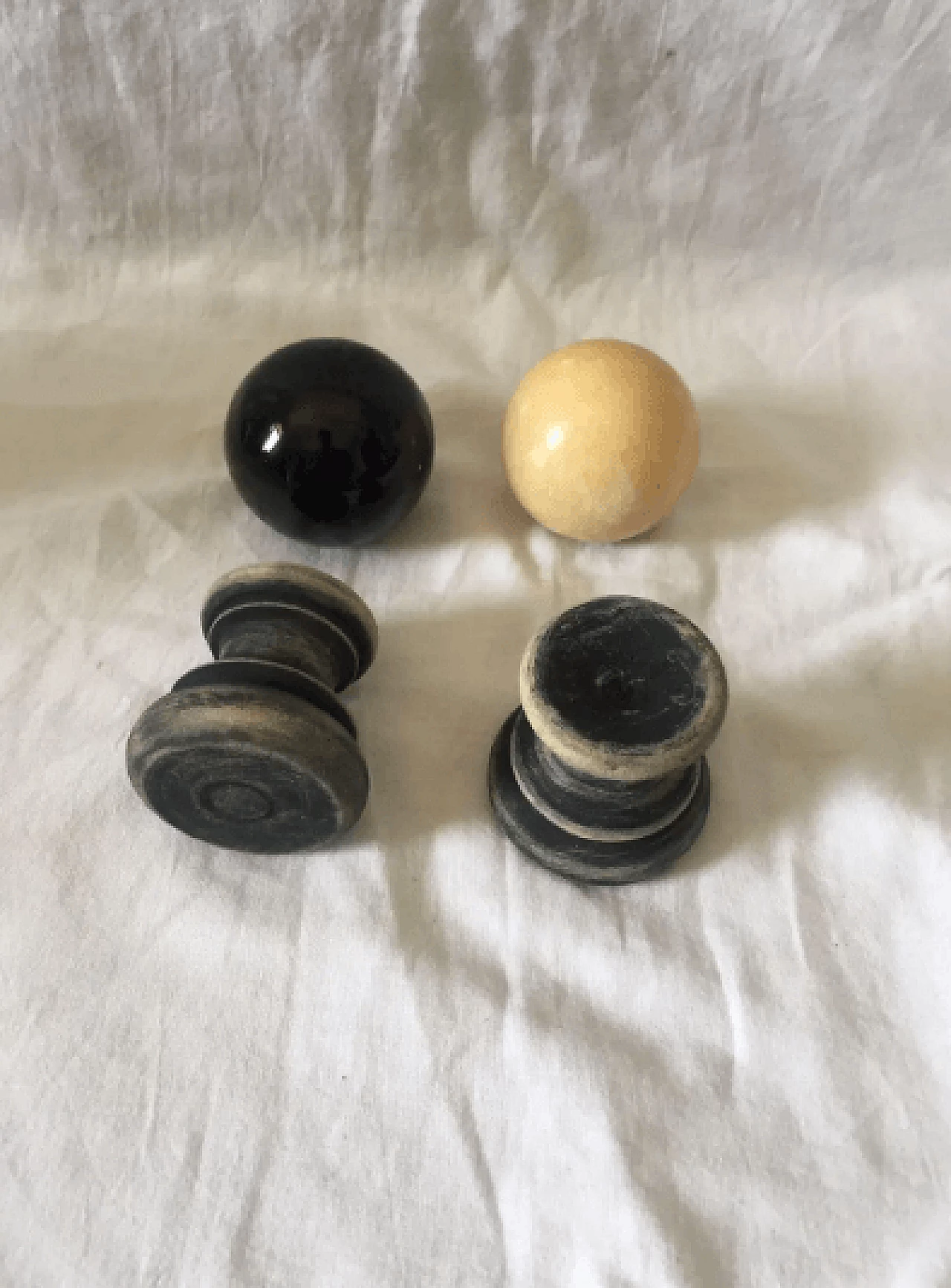 Pair of marble spheres on a black and beige wooden base, 1960s 5