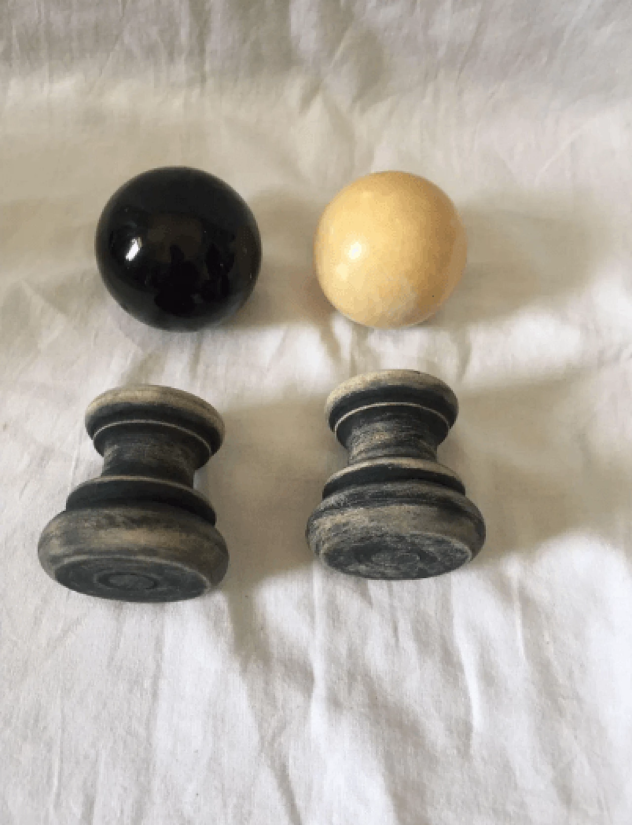 Pair of marble spheres on a black and beige wooden base, 1960s 8