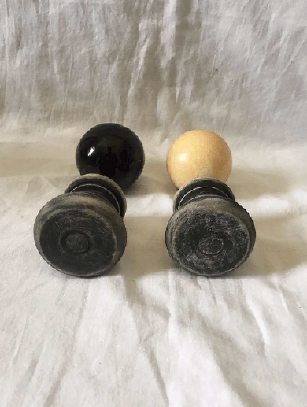 Pair of marble spheres on a black and beige wooden base, 1960s 9
