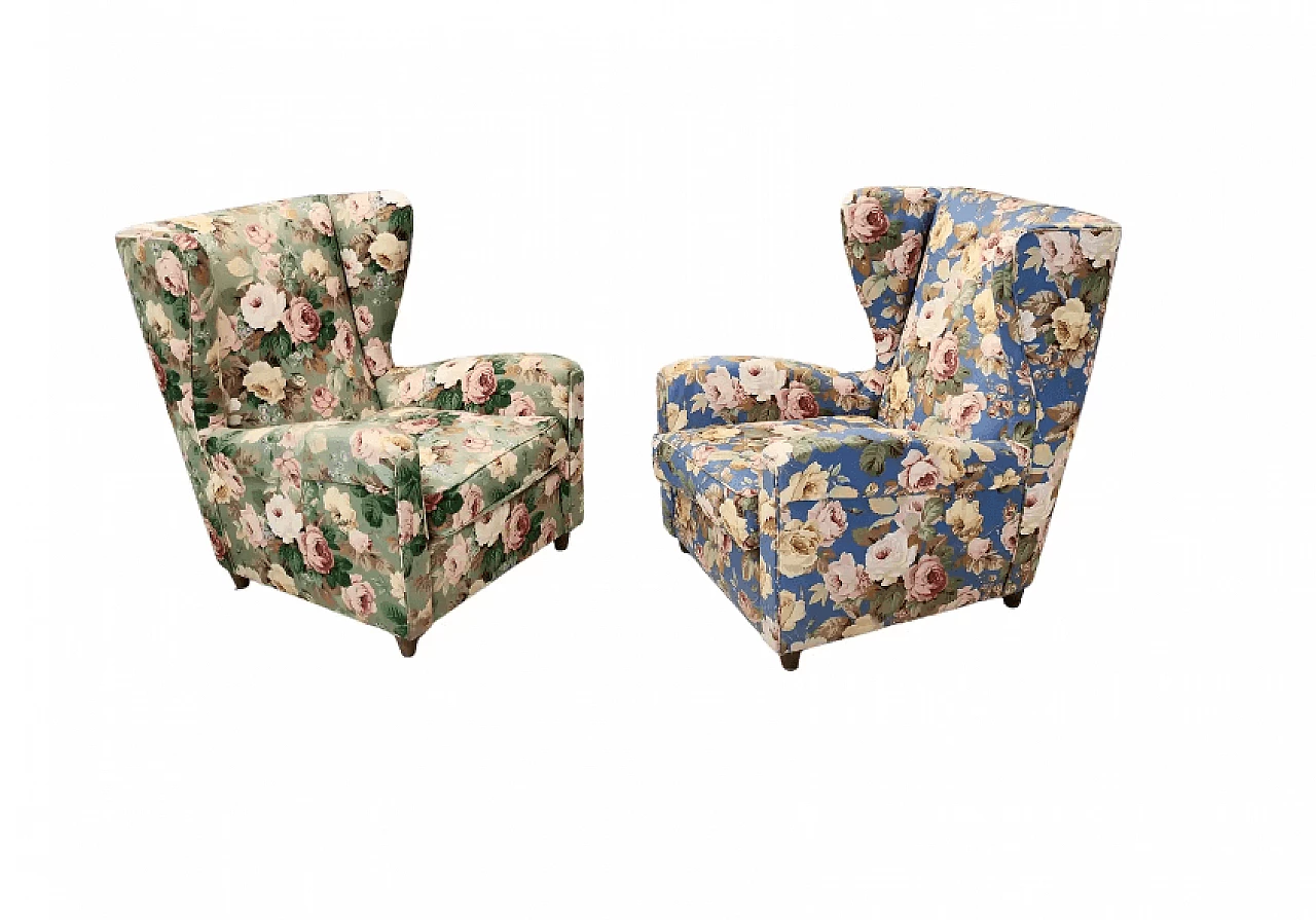 Pair of Wingback armchairs in floral fabric by Paolo Buffa, 1950s 1