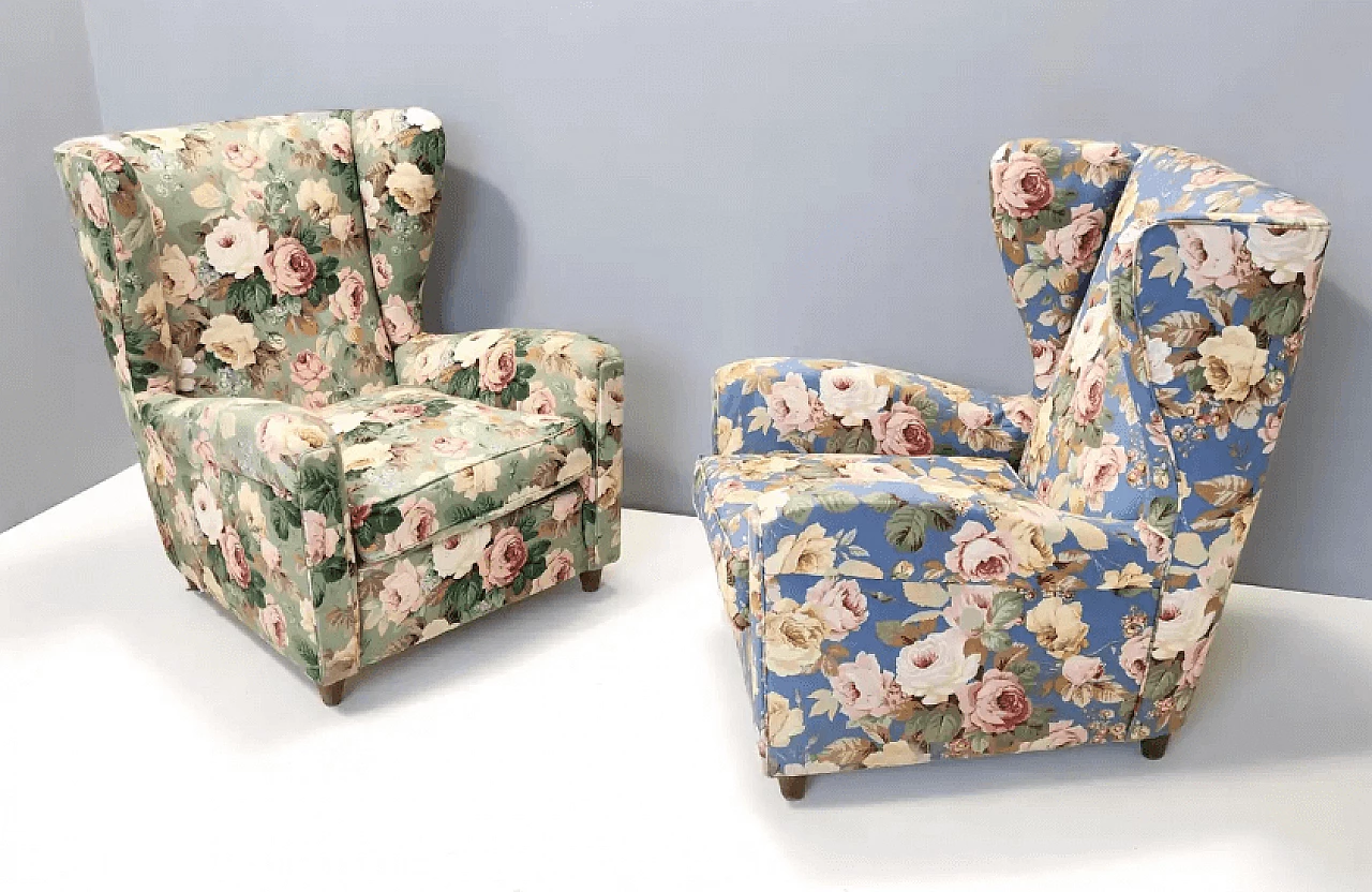Pair of Wingback armchairs in floral fabric by Paolo Buffa, 1950s 3
