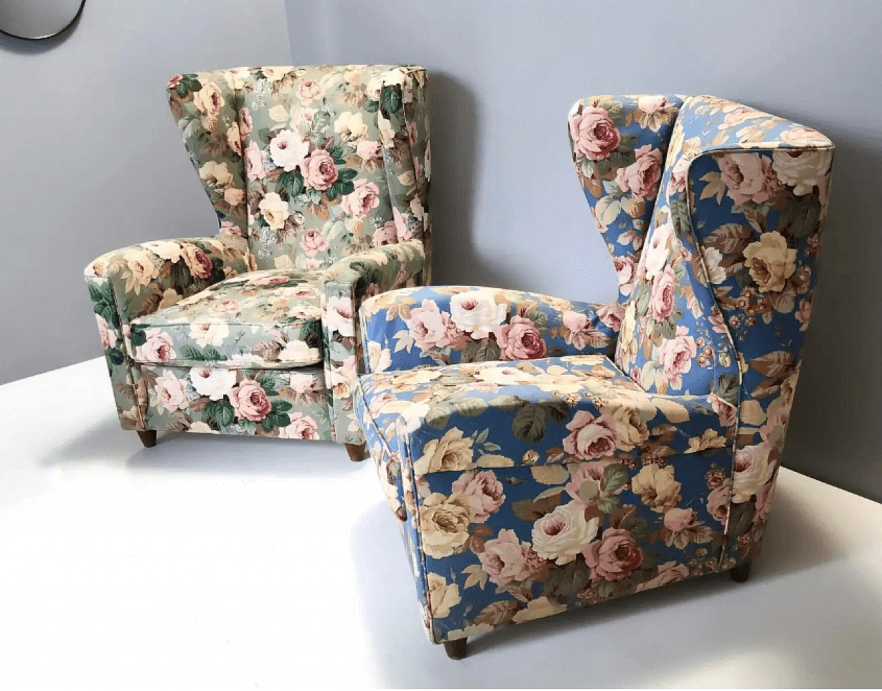 Pair of Wingback armchairs in floral fabric by Paolo Buffa, 1950s 6