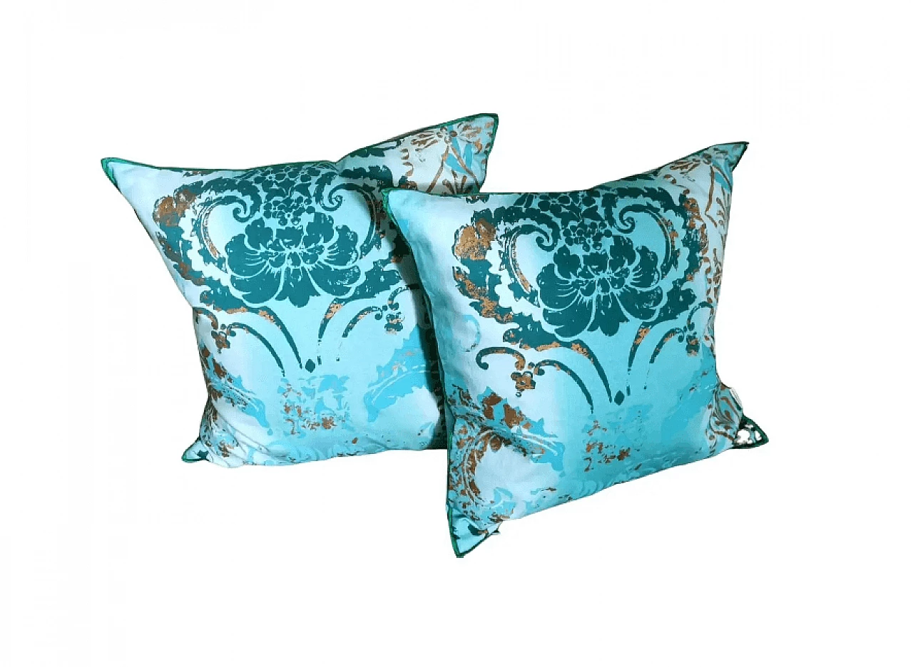 Pair of printed cotton cushions with feather interior by Tricia Guild, 2000s 1