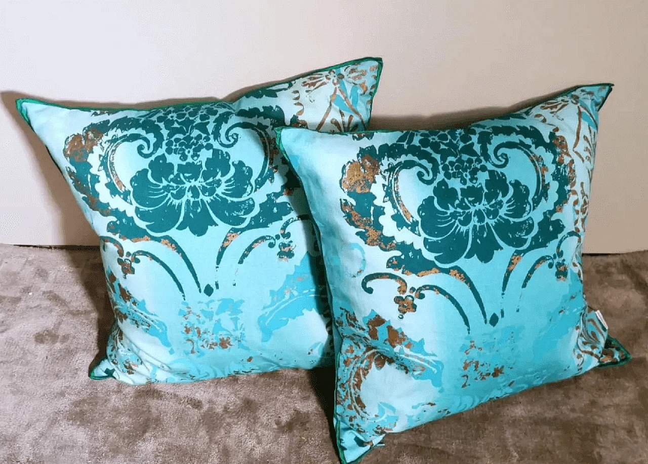 Pair of printed cotton cushions with feather interior by Tricia Guild, 2000s 2