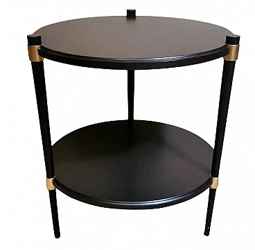 Round ebonised wooden coffee table with two shelves and brass finish, 1970s