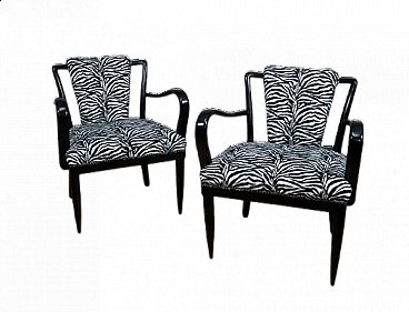 Pair of wood and zebra fabric armchairs, 1940s