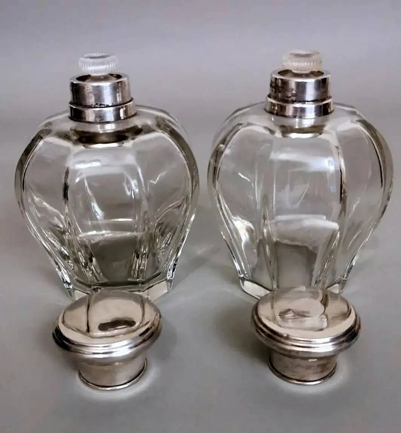 Pair of Art Deco crystal toiletry bottles and silver lids, 1930s 7
