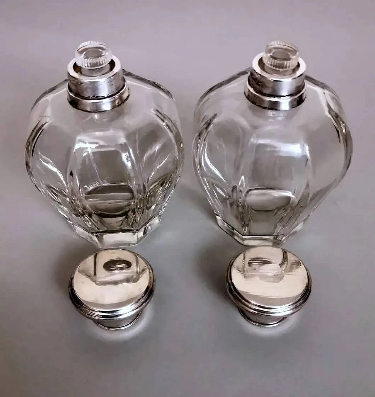 Pair of Art Deco crystal toiletry bottles and silver lids, 1930s 8