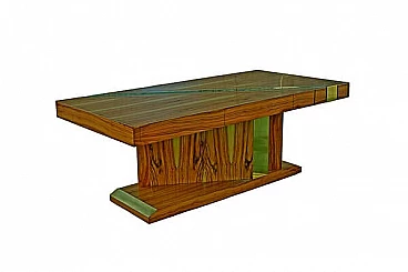 Tavolo scultoreo in radica di ulivo e ottone con tre cassetti, anni '50
