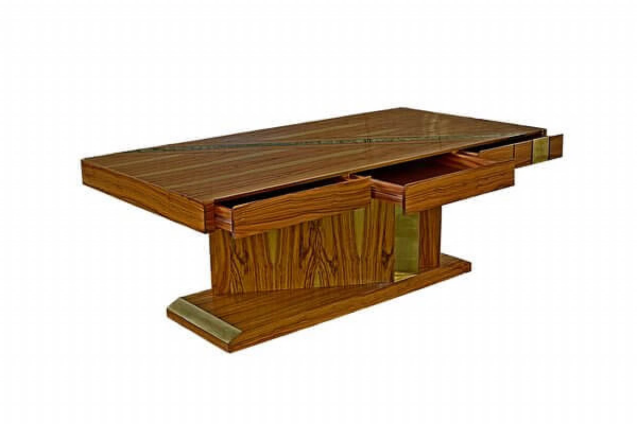 Tavolo scultoreo in radica di ulivo e ottone con tre cassetti, anni '50 3