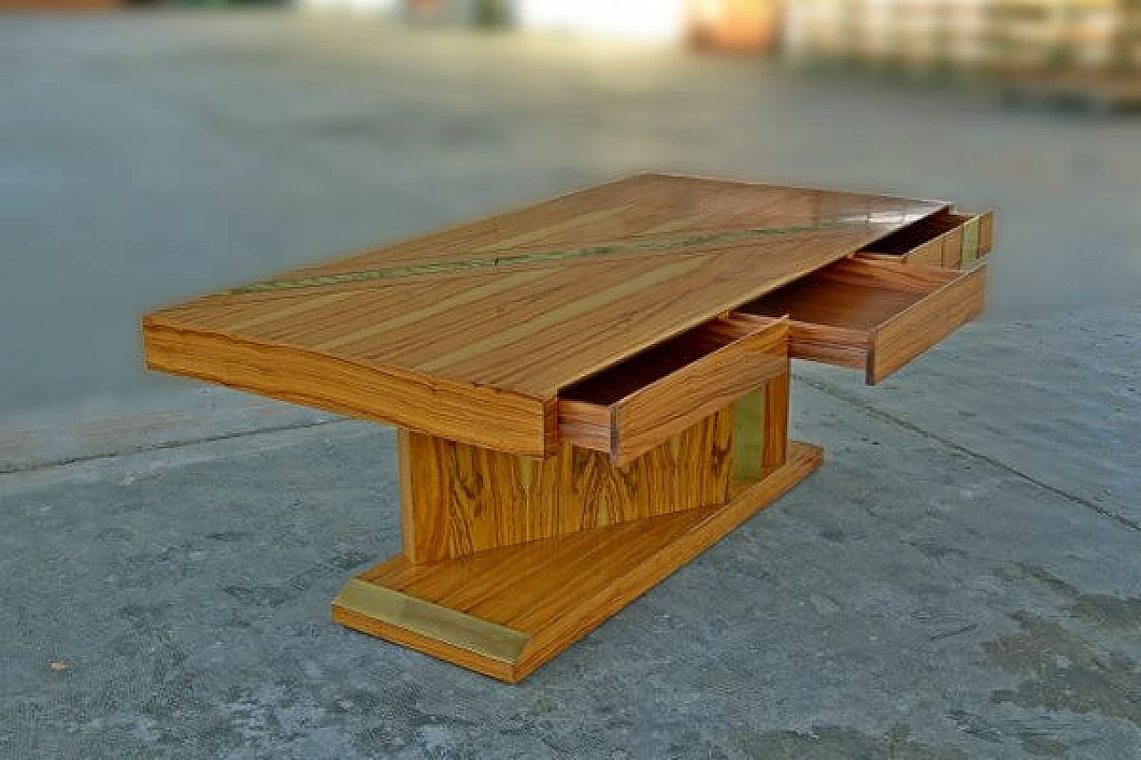 Sculptural table in olive burl and brass with three drawers, 1950s 7