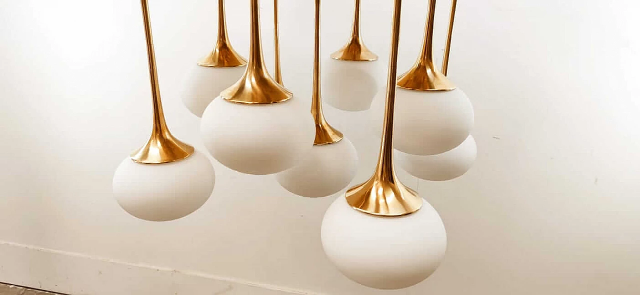 Ceiling light in brass with 9 oval glasses, 1970s 6
