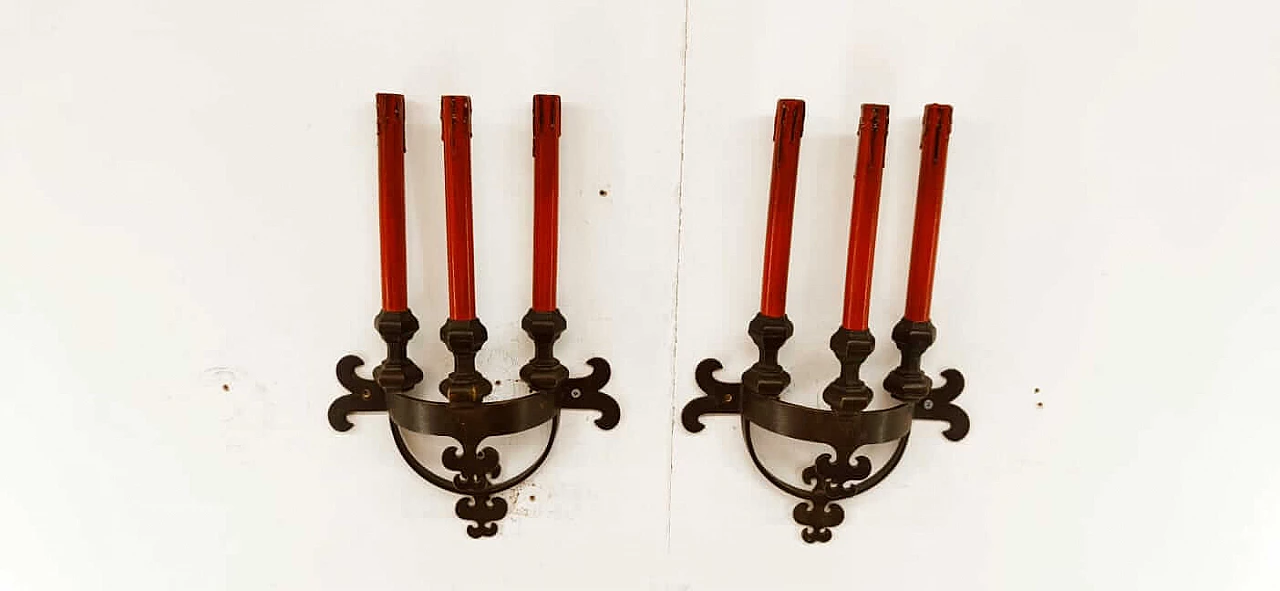 Pair of Neo Renaissance wall sconces in brass, 1940s 1
